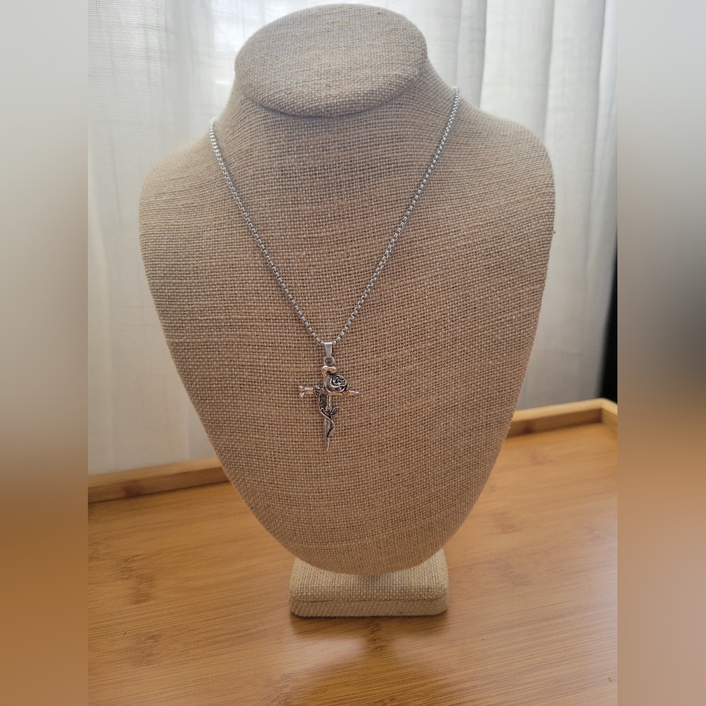 Vintage Rose Cross Necklace Goth Pendant Necklace